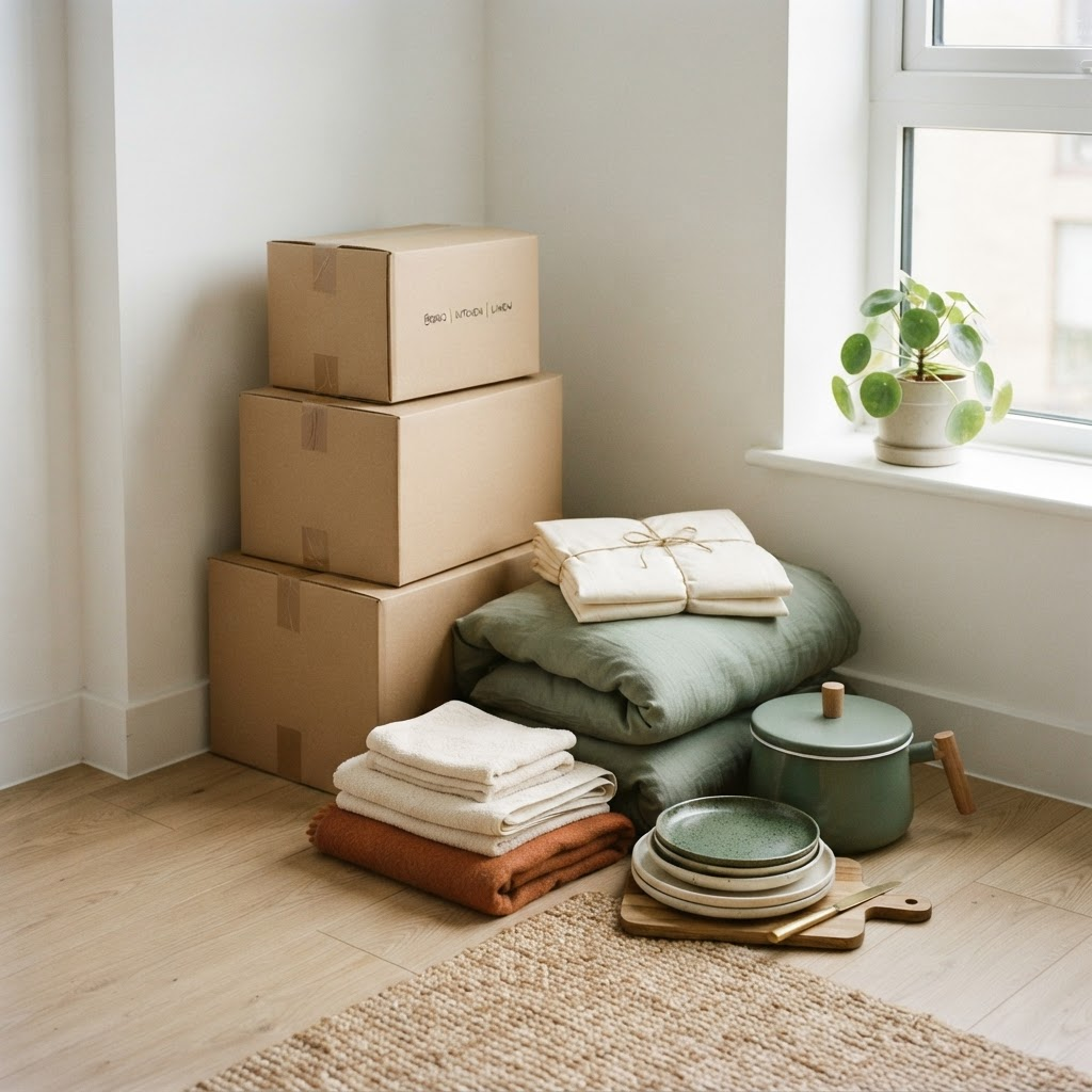 A student room with folded bedding, towels and kitchen items stacked in kit boxes, ready to unpack